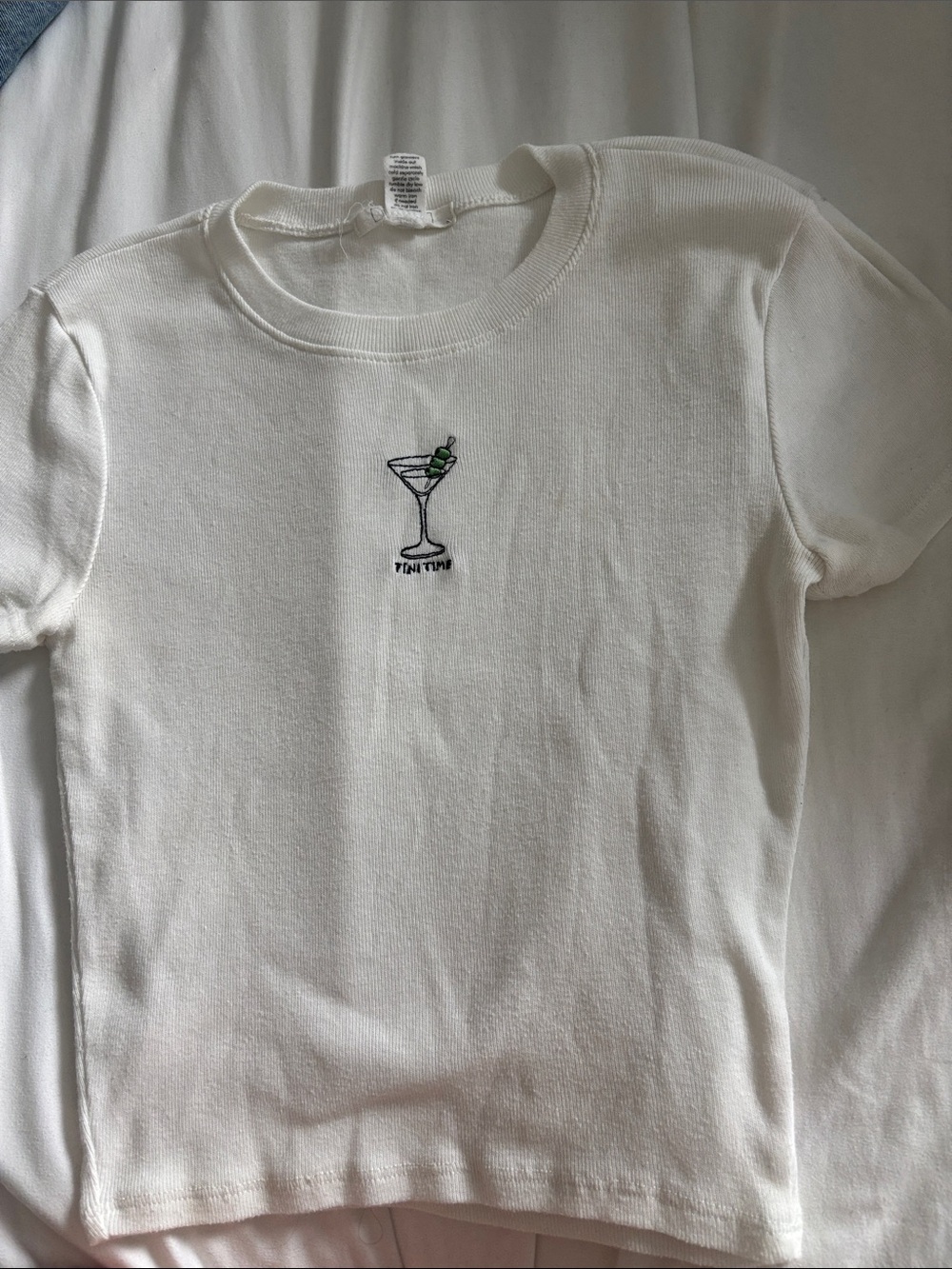 White Tee with Martini Embroidered Graphic